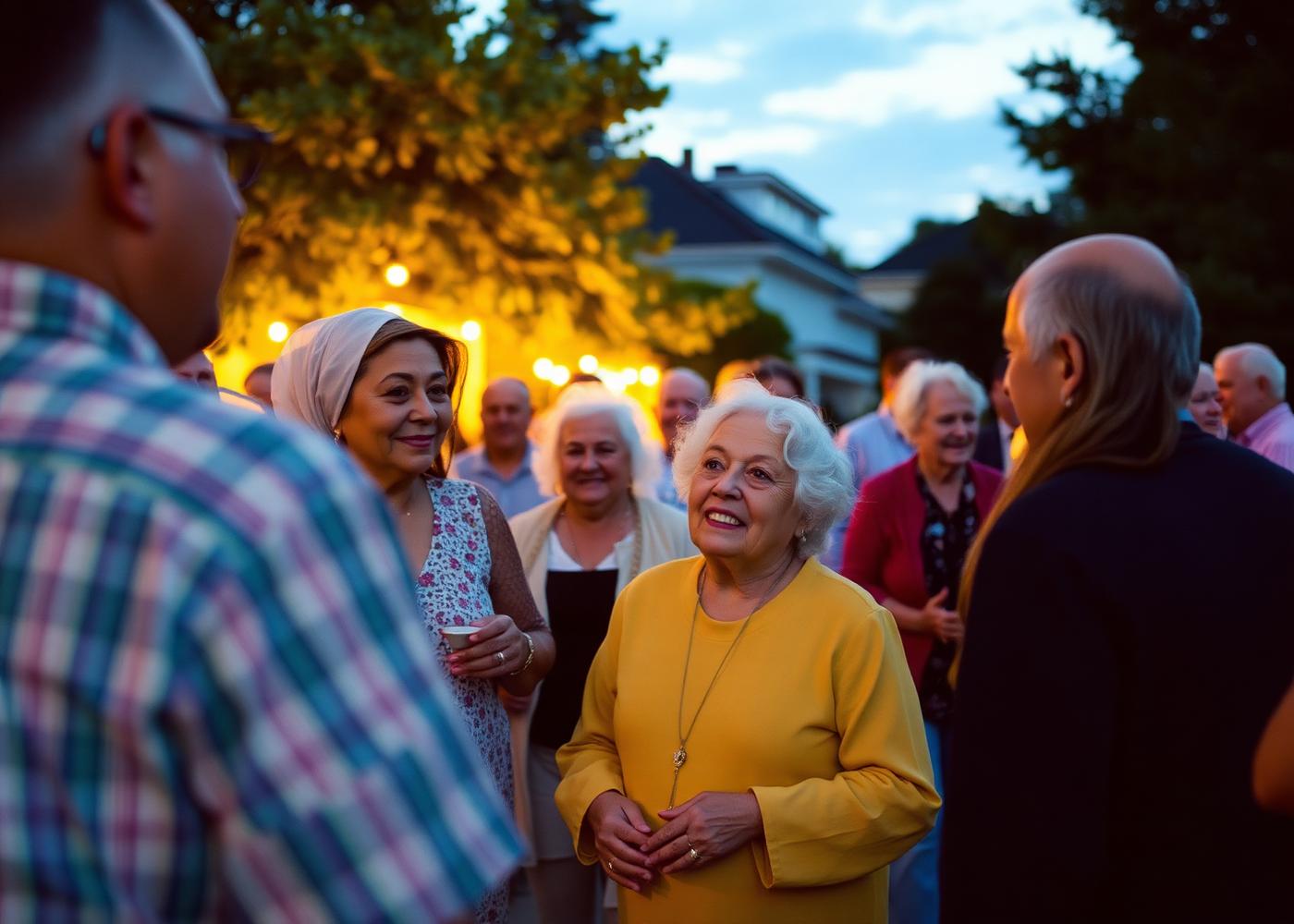 Encuentro comunitario al atardecer con personas conversando