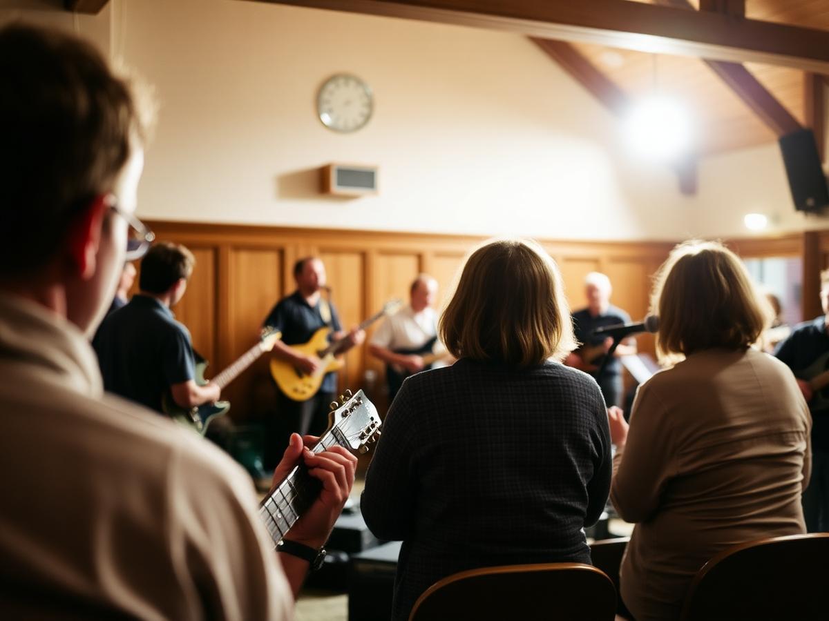 Ensayo musical en un salón comunitario visto desde el fondo