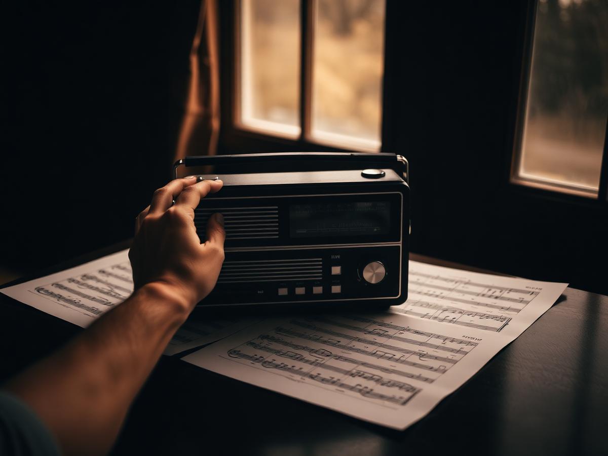 Manos sosteniendo un radio antiguo sobre una mesa con partituras