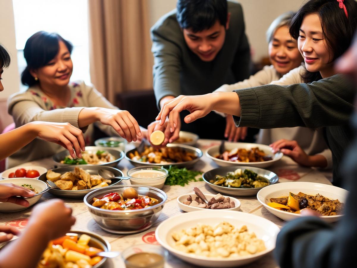 Mesa familiar con platillos tradicionales y manos compartiendo alimentos