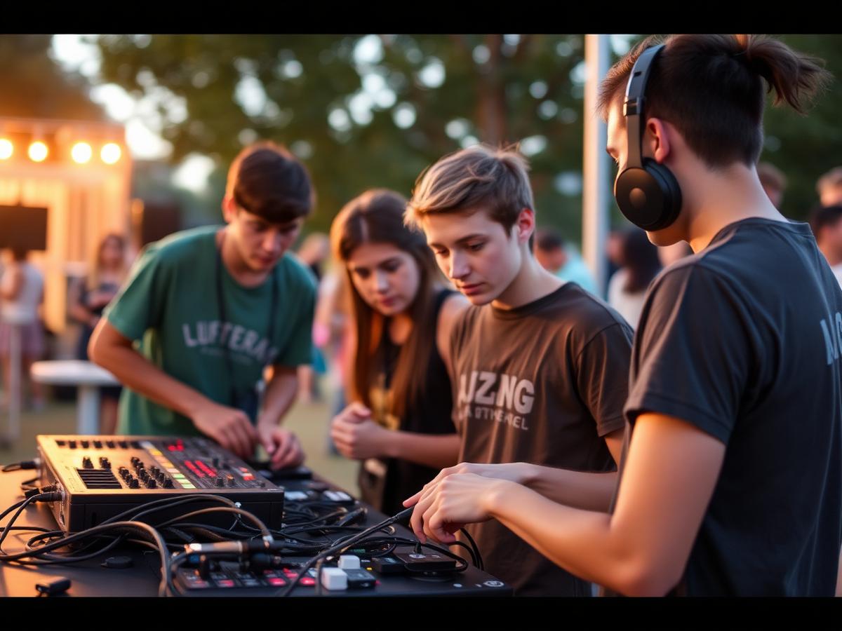 Voluntarios jóvenes conectando equipo de sonido